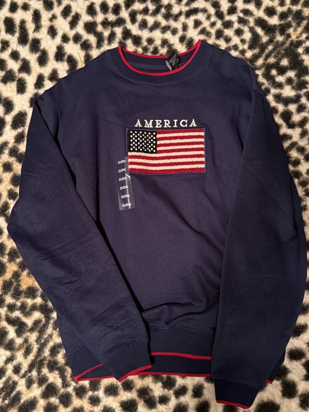 Navy 'America' Flag Crewneck Sweater - Red Trim
